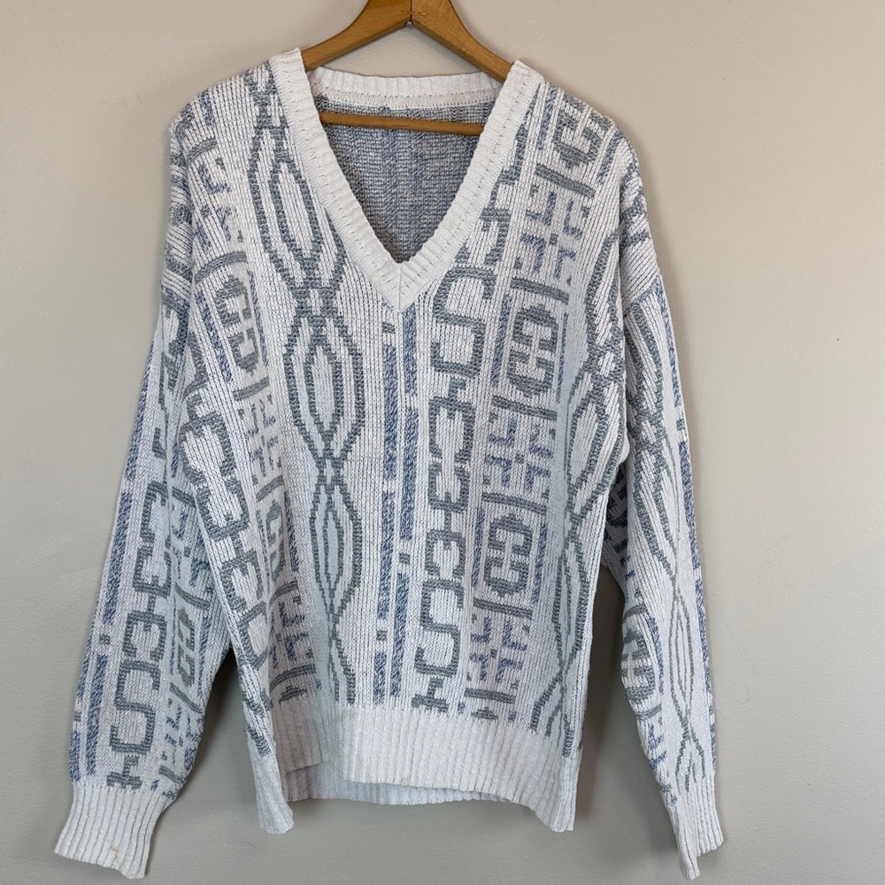 Vintage 90s Geometric Knit Sweater V-Neck Slouchy Retro Abstract Oversized NoTag